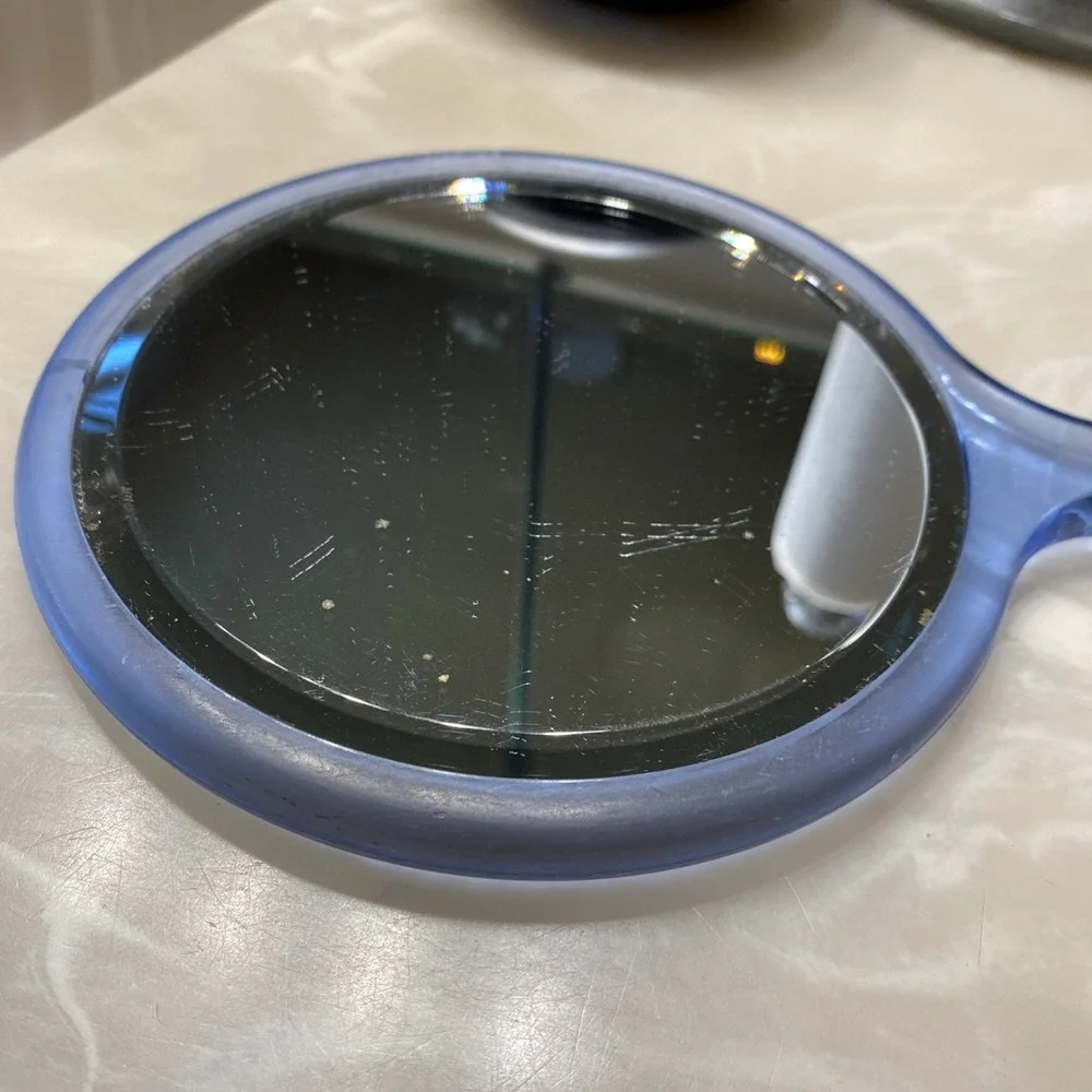 Vtg Lucite? Blue HUGHES Double Sided Hand Mirror Regular & Magnifying Not Goody